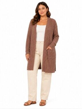 Torrid Size 2 2X Brown Cable Knit Long Cardigan Open Front Duster Sweater Pocket